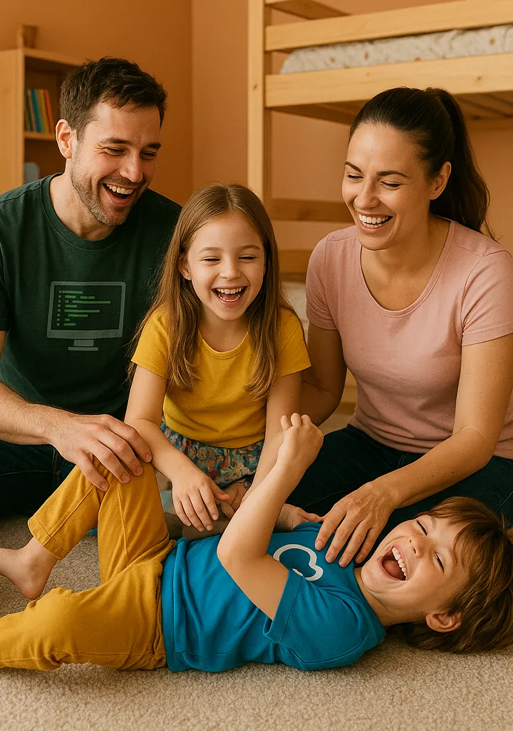 Familia riendo y jugando en la habitación de los niños dentro de su hogar